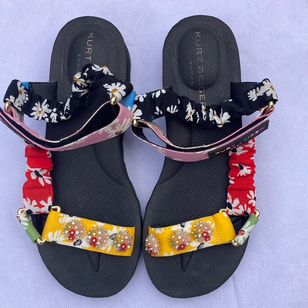 Kurt Geiger Black and Red Sandals with Floral Design